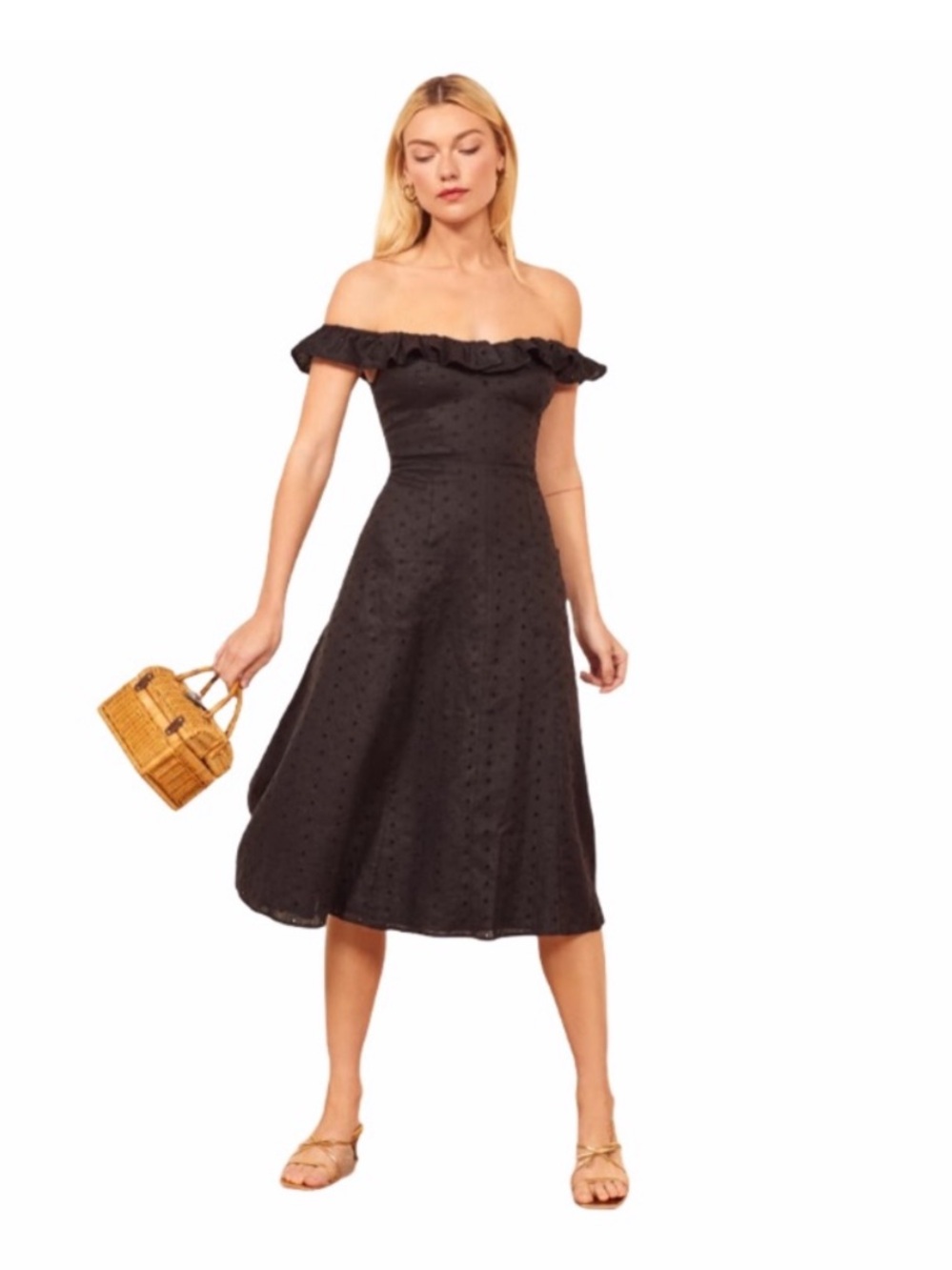 REFORMATION Maldives Linen Midi Dress Black Whimsigosh Coquette Size 0